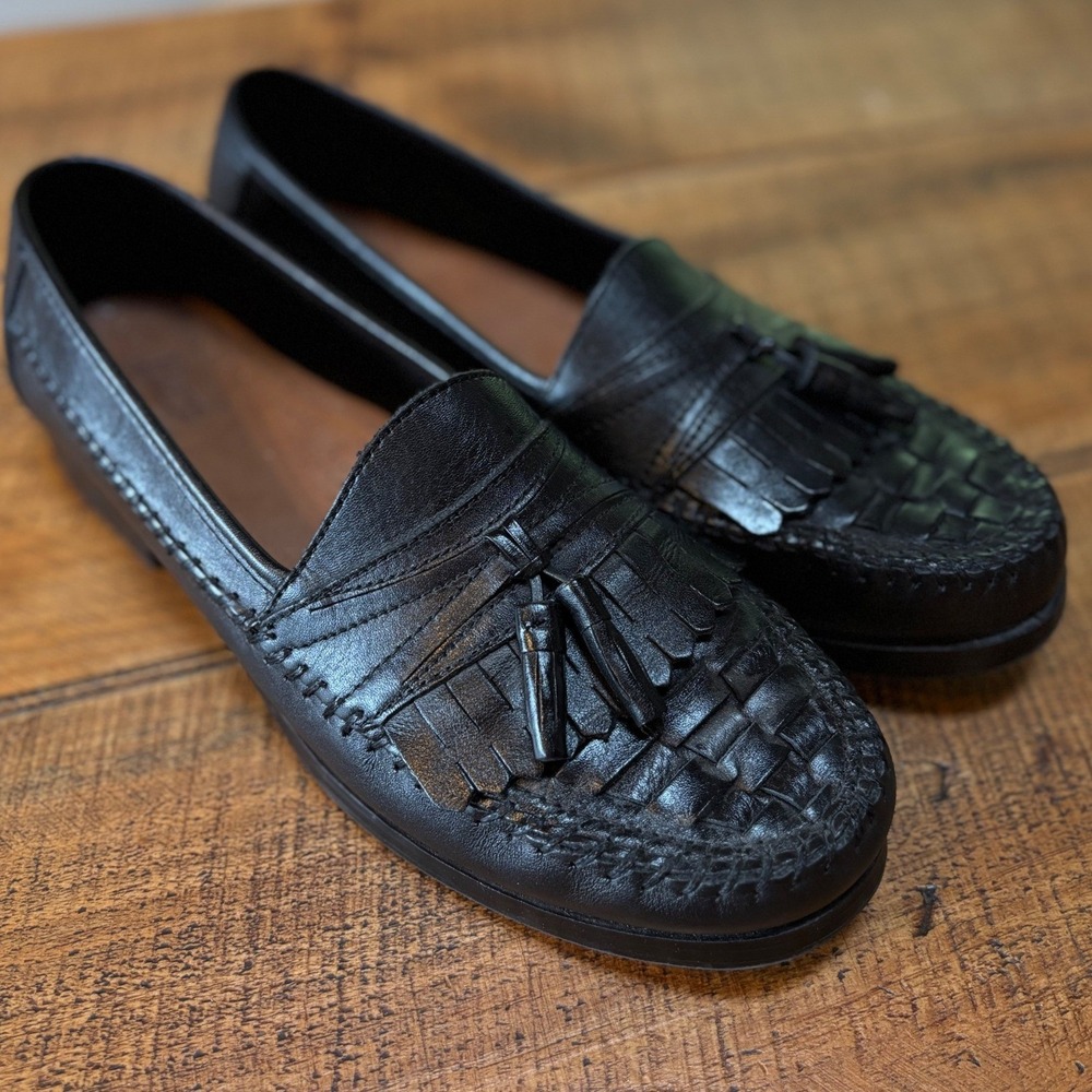 G.H. Bass Court Black Tassel Mens Kilt and Woven Design Leather Loafer Shoes 10